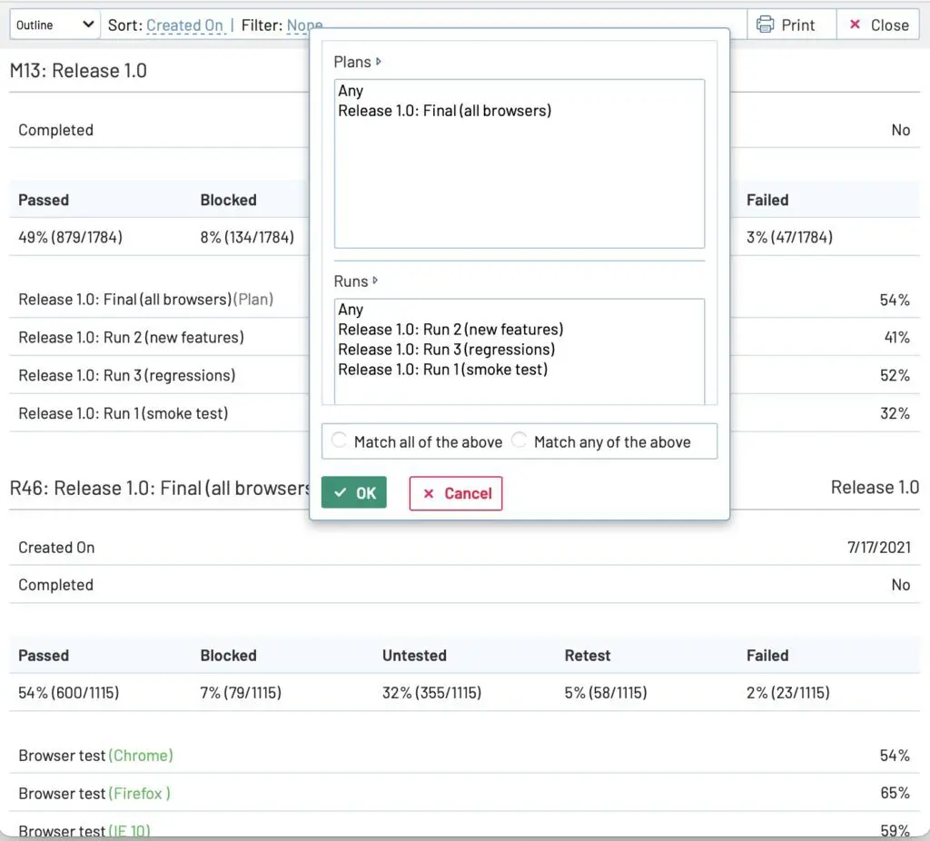 Announcing TestRail 7.2 with Improved Charts and Drilldown Capabilities 12 TestRail 7.2 new sort and filter capabilities in print report