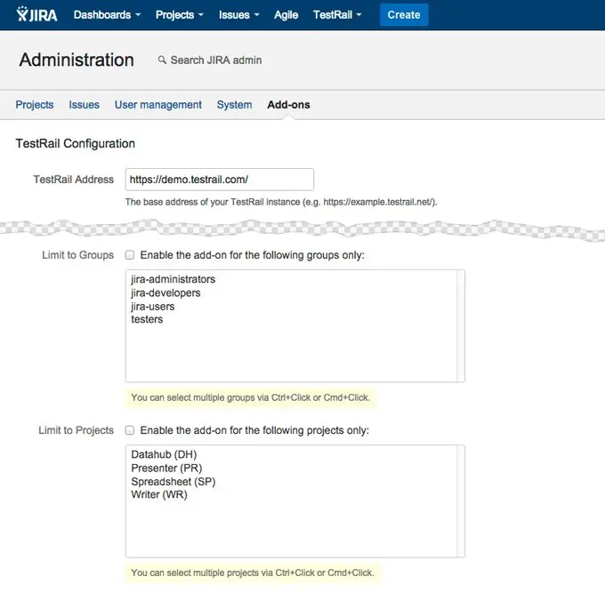 TestRail JIRA 7.0 Test Management Add-On & Updates 4 config